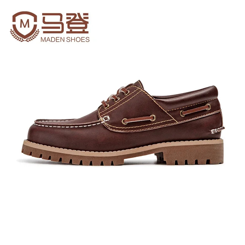 Maden Men's Vintage Second-layer Cowhide Boat Shoes Genuine Leather Derby Shoes Round Toe Low Top Boots British Style Work Shoes