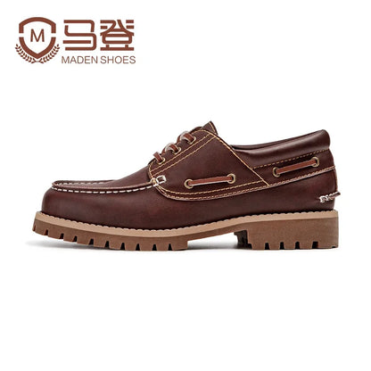 Maden Men's Vintage Second-layer Cowhide Boat Shoes Genuine Leather Derby Shoes Round Toe Low Top Boots British Style Work Shoes