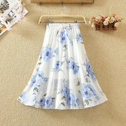 Women’s Summer Midi Skirt – Retro Floral Print with Elastic Waist & Lacing Detail