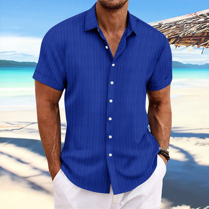 Men’s Jacquard Wave Stripe Shirt – Solid Color Short Sleeve Casual Top