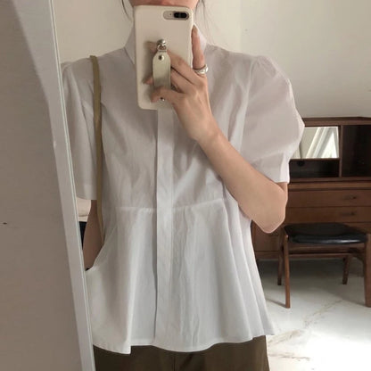 Women’s Summer Shirt – Chic Loose Fit with Bubble Sleeves & Pleated Turn-Down Collar