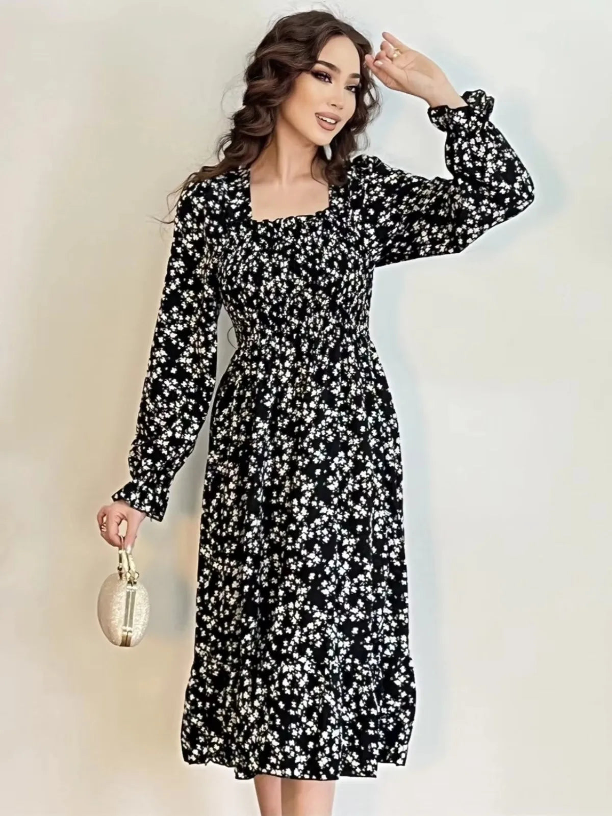Elegant Floral Chiffon Midi Dress – Effortless Style for Spring & Autumn