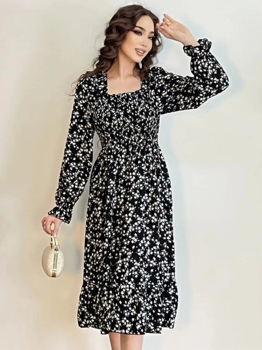 Elegant Floral Chiffon Midi Dress – Effortless Style for Spring & Autumn