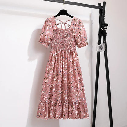 Spring Summer Women’s Chiffon Dress – Elegant Pleated Short Sleeve A-Line Casual Wear