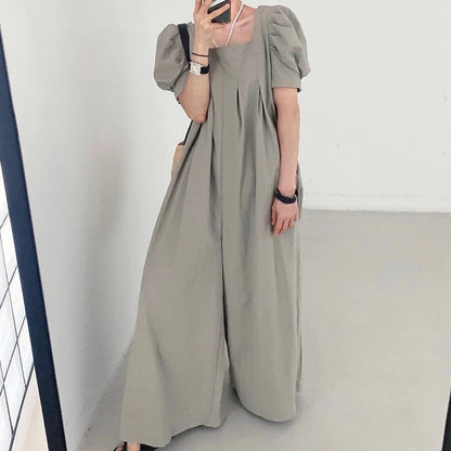Women’s Summer Jumpsuit – Chic Square Collar with Pleated Design & Bubble Sleeves
