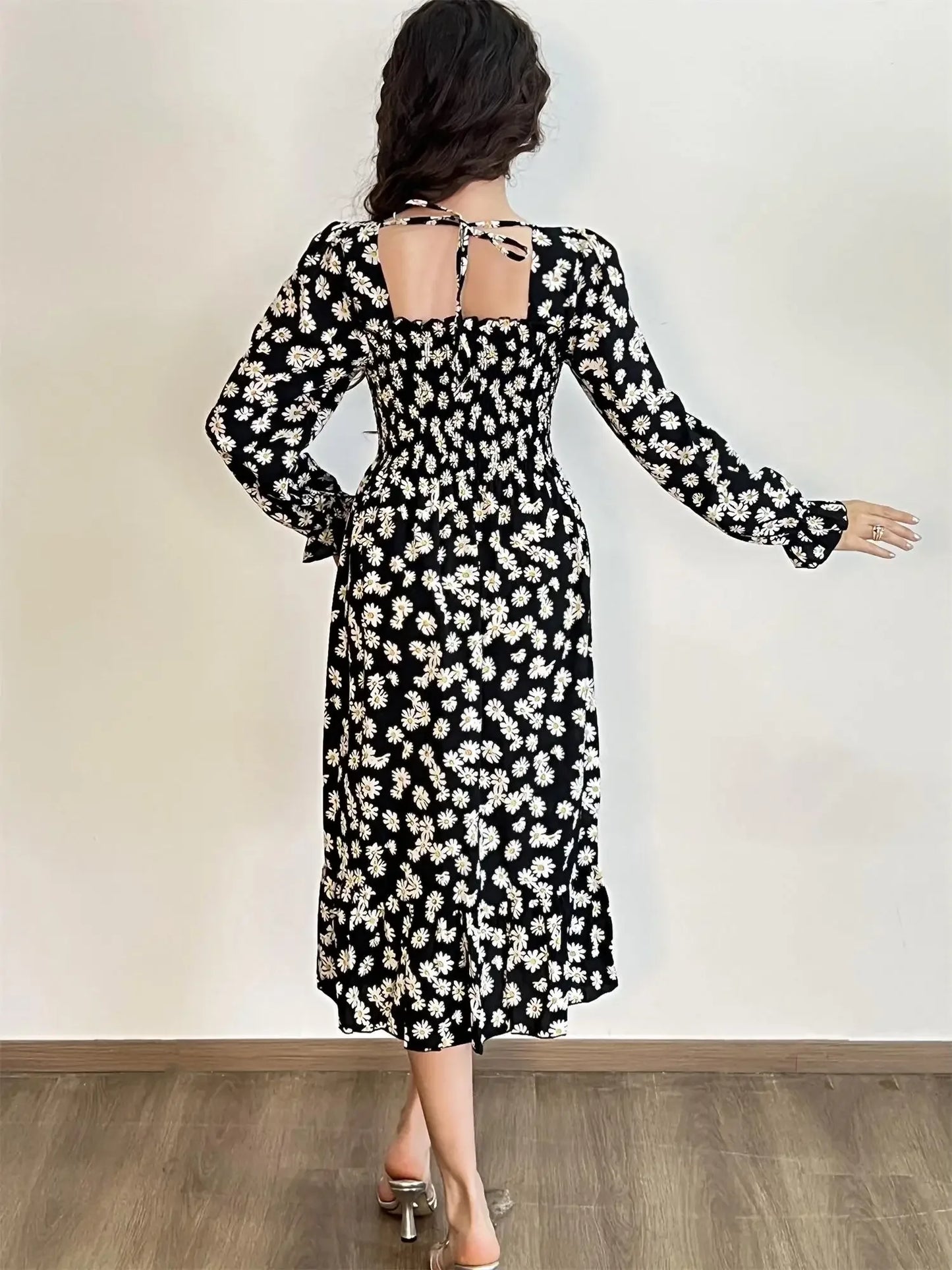 Elegant Floral Chiffon Midi Dress – Effortless Style for Spring & Autumn