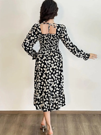 Elegant Floral Chiffon Midi Dress – Effortless Style for Spring & Autumn