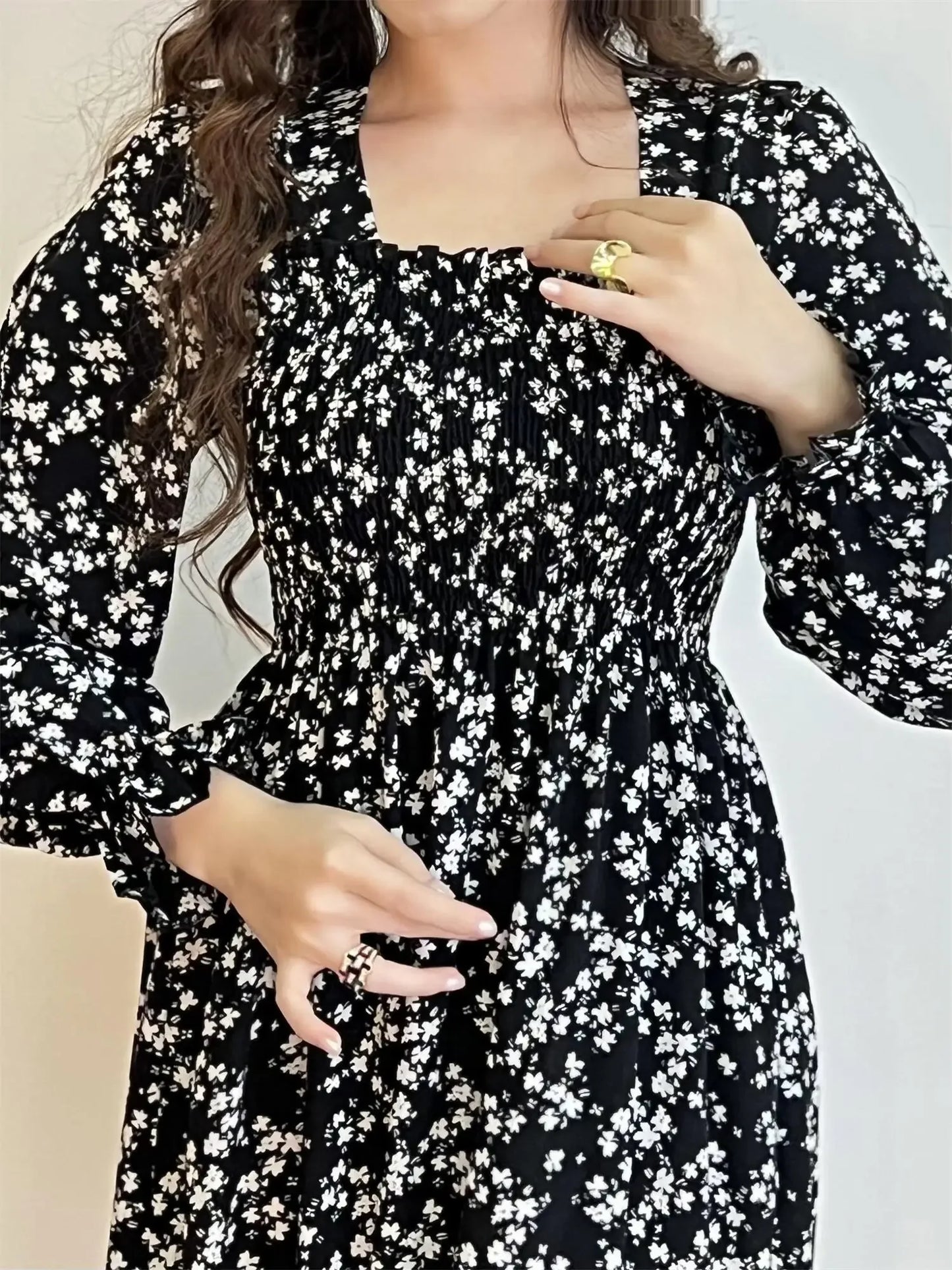 Elegant Floral Chiffon Midi Dress – Effortless Style for Spring & Autumn