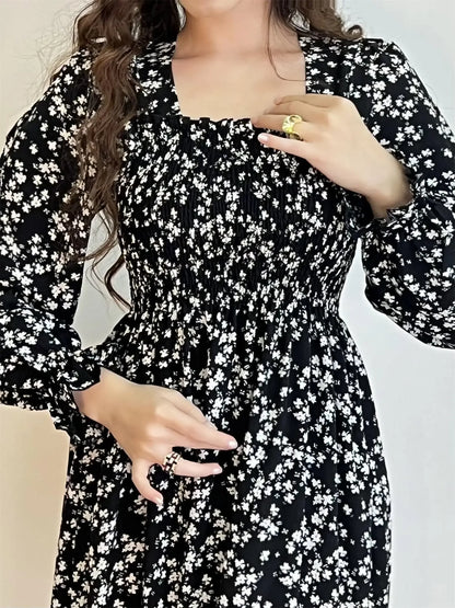 Elegant Floral Chiffon Midi Dress – Effortless Style for Spring & Autumn
