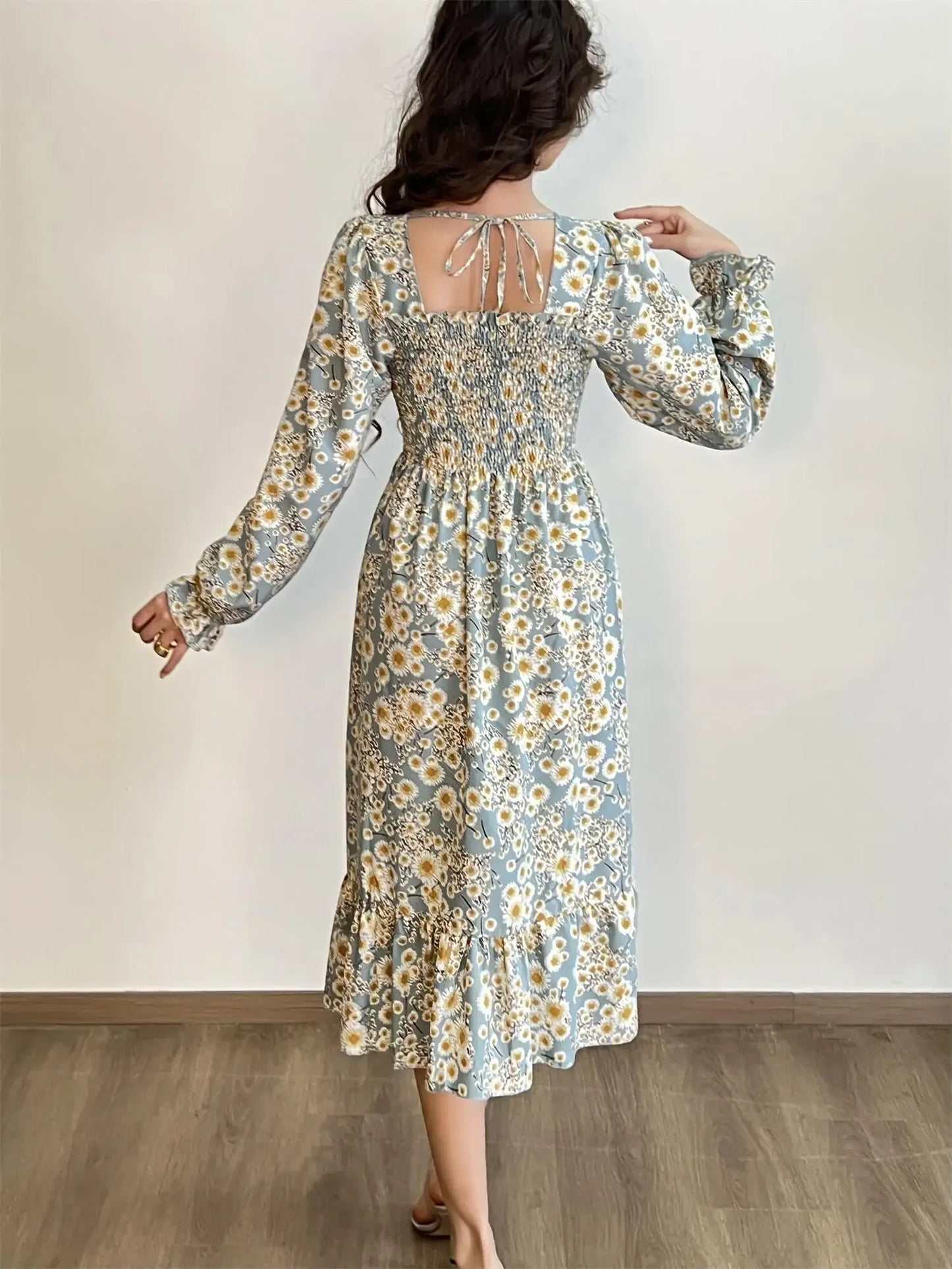Elegant Floral Chiffon Midi Dress – Effortless Style for Spring & Autumn