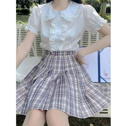 Deeptown Women’s Blouse – Kawaii Lolita Japanese Preppy Style, Cute White Lace Ruffle Shirt with Puff Sleeves