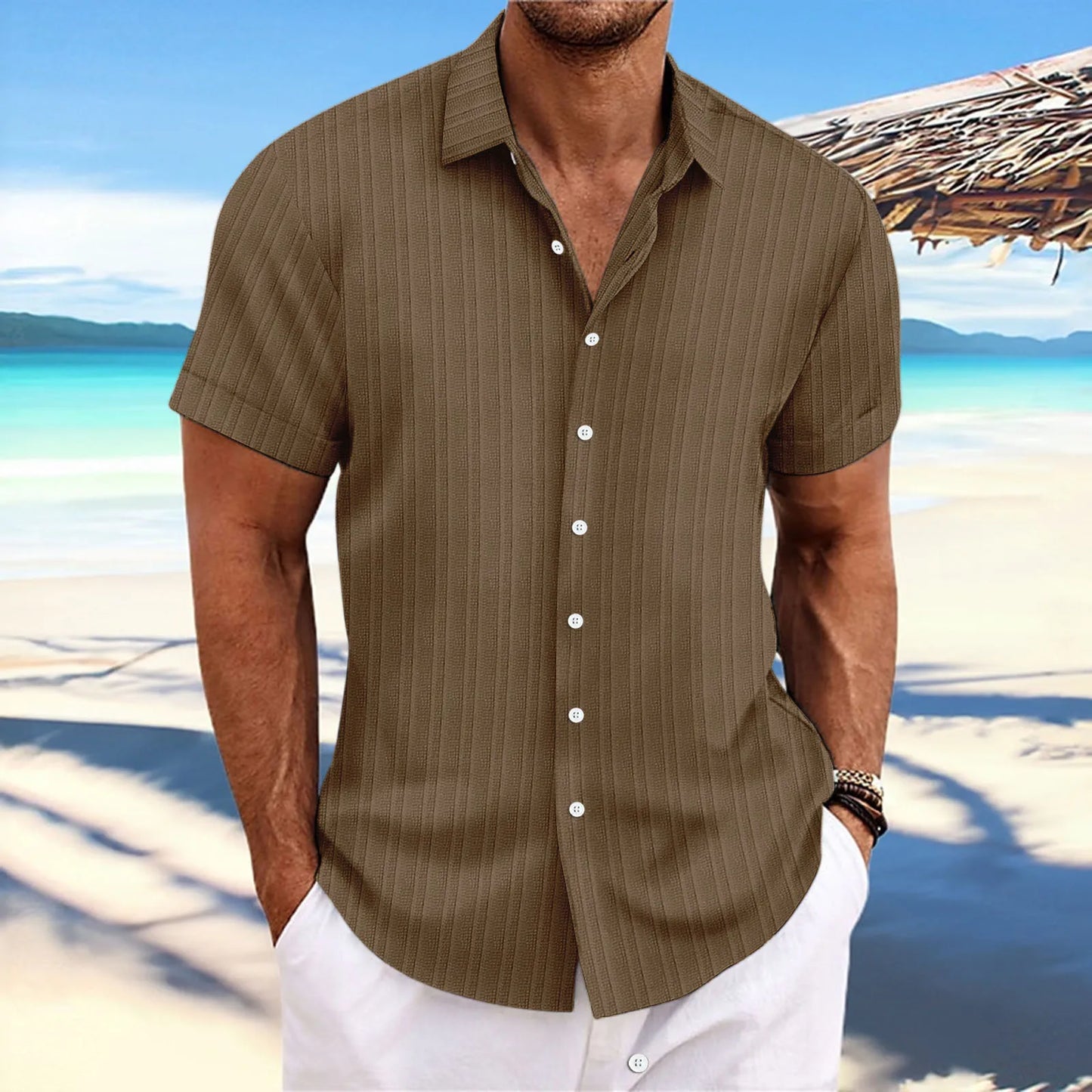 Men’s Jacquard Wave Stripe Shirt – Solid Color Short Sleeve Casual Top