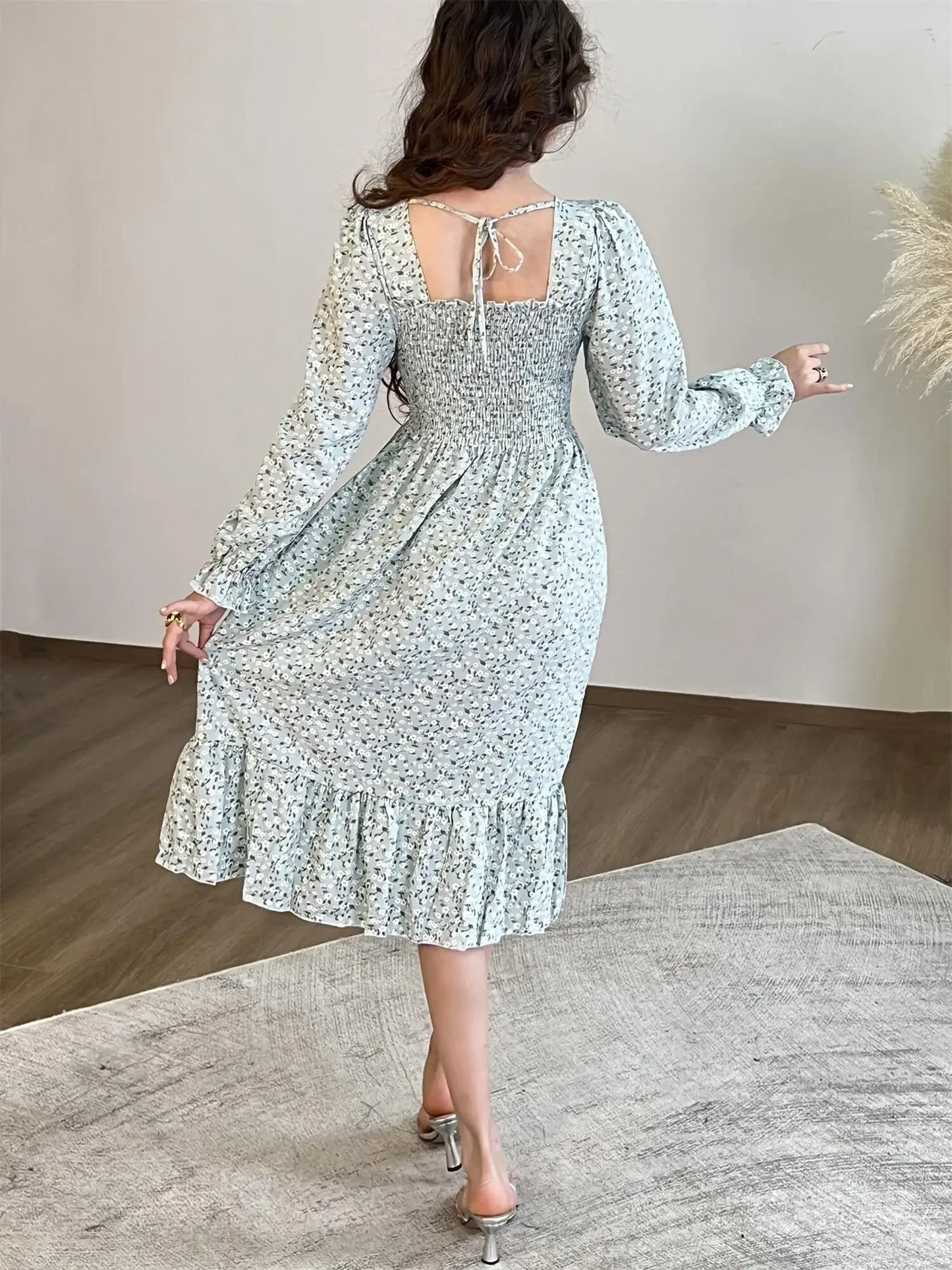 Elegant Floral Chiffon Midi Dress – Effortless Style for Spring & Autumn