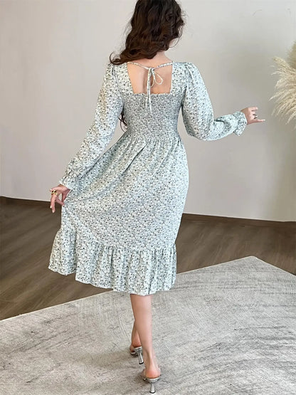 Elegant Floral Chiffon Midi Dress – Effortless Style for Spring & Autumn