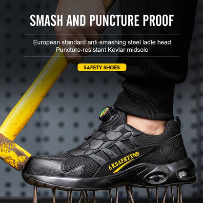 Men’s Steel Toe Safety Shoes – Rotating Button Work Sneakers with Air Cushion & Puncture-Proof Protection
