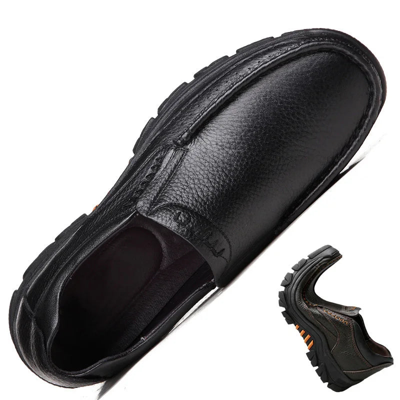 Men’s Genuine Leather Loafers – Soft Cowhide Casual Slip-On Shoes with Thick Sole, Black & Brown