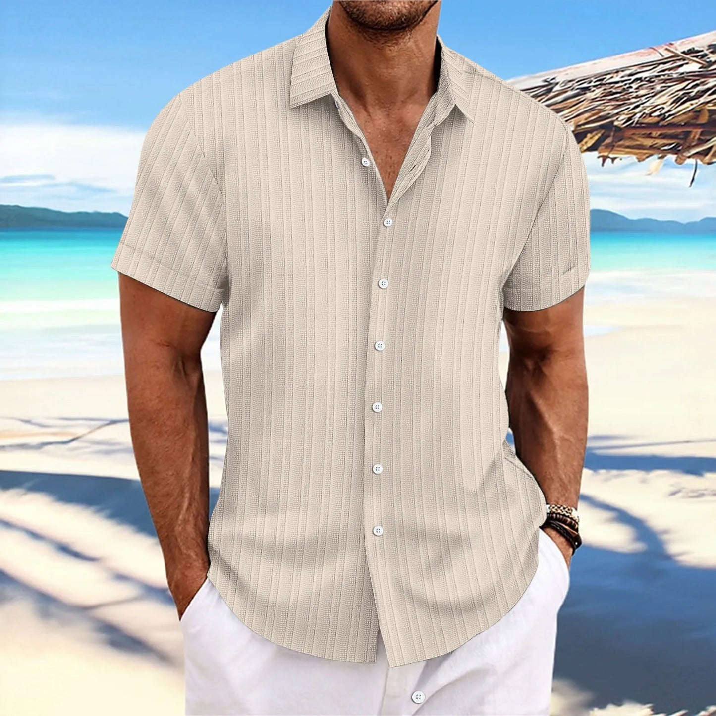 Men’s Jacquard Wave Stripe Shirt – Solid Color Short Sleeve Casual Top