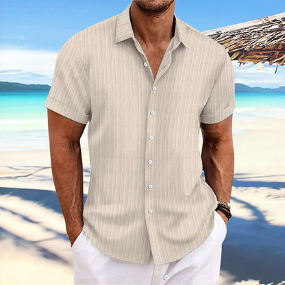 Men’s Jacquard Wave Stripe Shirt – Solid Color Short Sleeve Casual Top