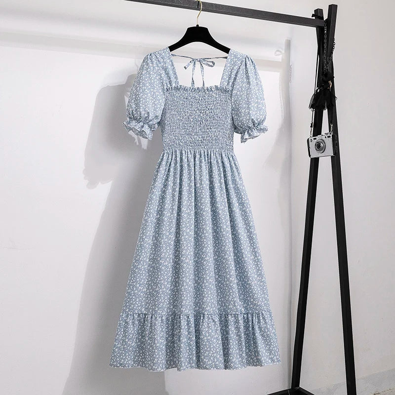 Spring Summer Women’s Chiffon Dress – Elegant Pleated Short Sleeve A-Line Casual Wear