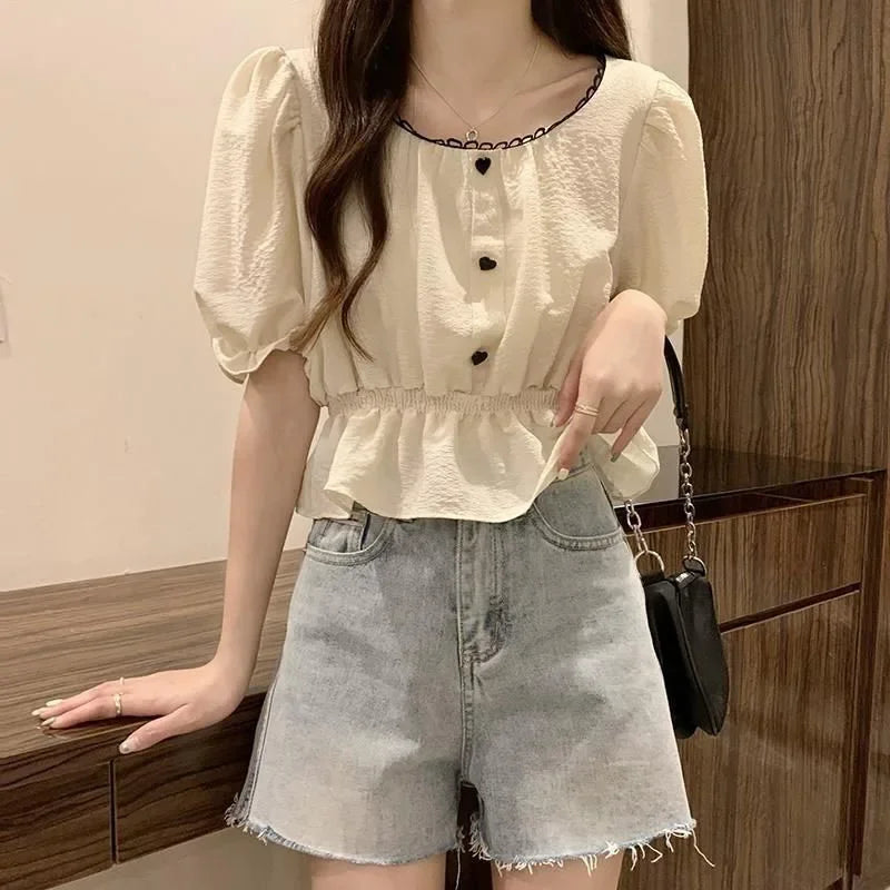 Summer Women’s Puff Sleeve Chiffon Shirt – Cute Ruffle Waist-Tight Casual Crop Top