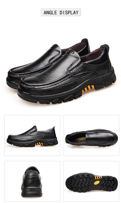 Men’s Genuine Leather Loafers – Soft Cowhide Casual Slip-On Shoes with Thick Sole, Black & Brown