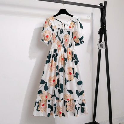 Spring Summer Women’s Chiffon Dress – Elegant Pleated Short Sleeve A-Line Casual Wear