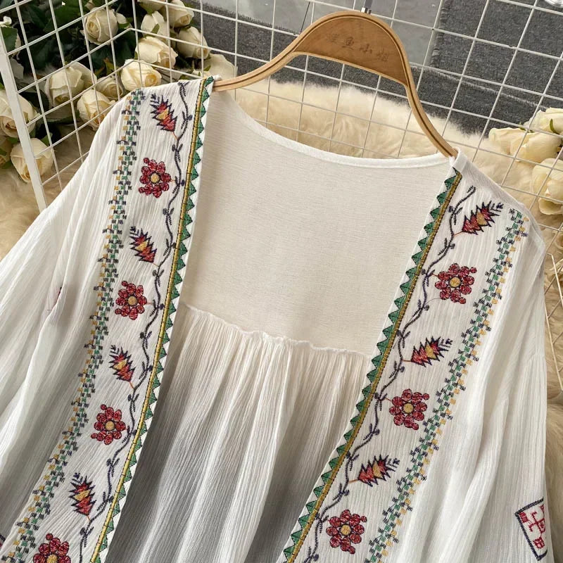 Women’s Bohemian Chiffon Shirt – Embroidered Tassel Cardigan Style, Slim Waist Short Top