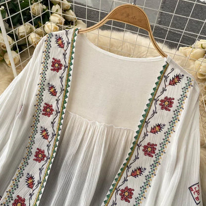 Women’s Bohemian Chiffon Shirt – Embroidered Tassel Cardigan Style, Slim Waist Short Top