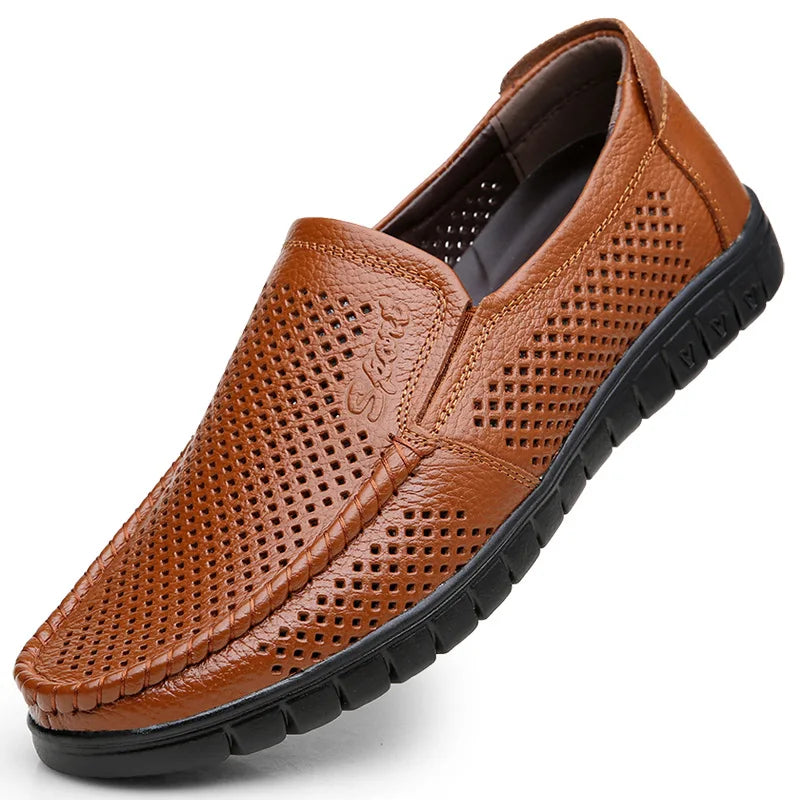 Fashion Genuine Leather Shoes Men Flat Breathable Summer Mens Casual Shoes Soft Comfortable Leather Male Footwear KA3559