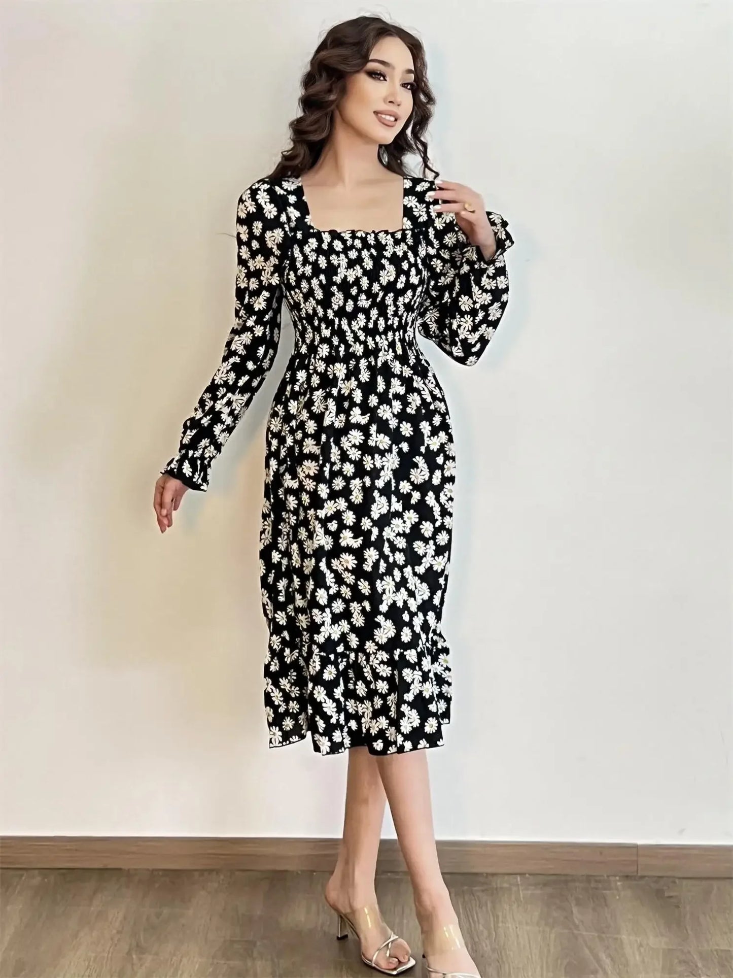 Elegant Floral Chiffon Midi Dress – Effortless Style for Spring & Autumn