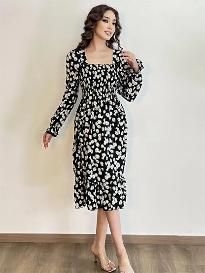 Elegant Floral Chiffon Midi Dress – Effortless Style for Spring & Autumn