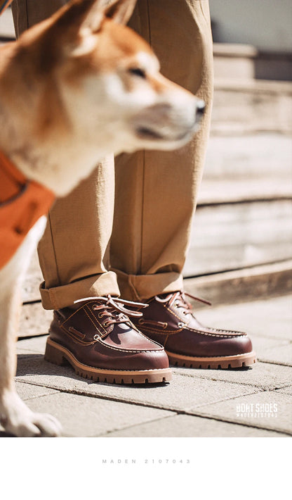 Maden Men's Vintage Second-layer Cowhide Boat Shoes Genuine Leather Derby Shoes Round Toe Low Top Boots British Style Work Shoes