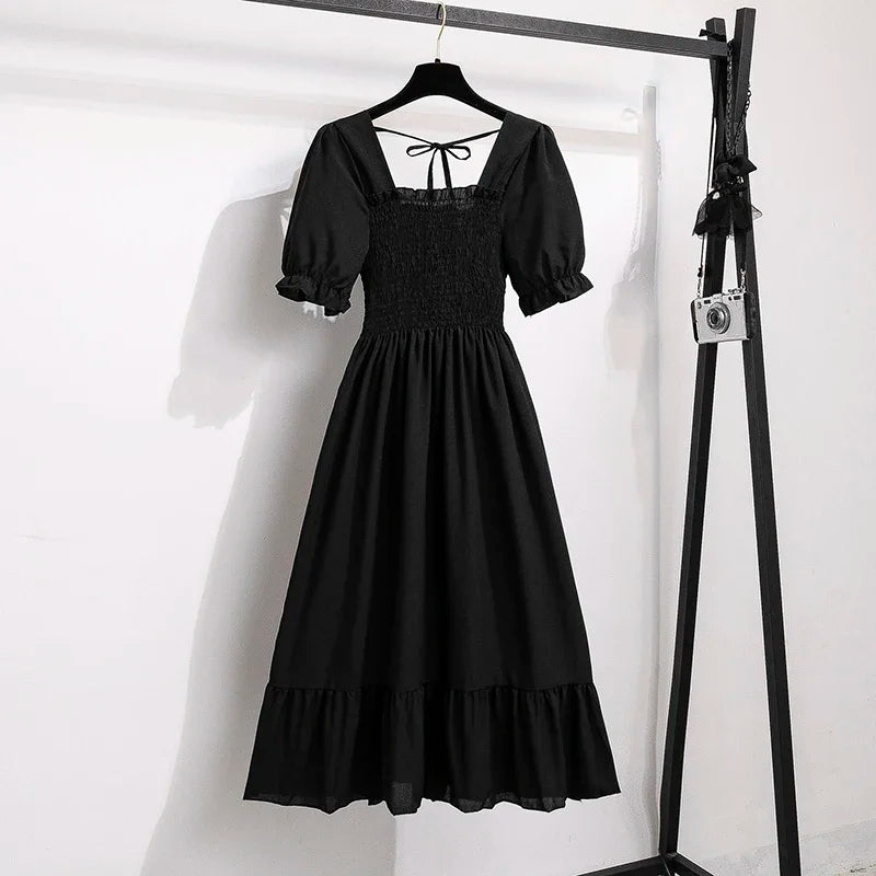 Spring Summer Women’s Chiffon Dress – Elegant Pleated Short Sleeve A-Line Casual Wear