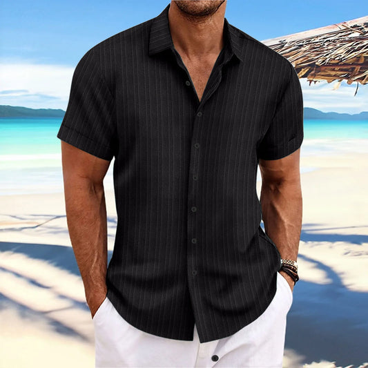 Men’s Jacquard Wave Stripe Shirt – Solid Color Short Sleeve Casual Top