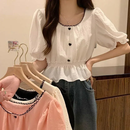 Summer Women’s Puff Sleeve Chiffon Shirt – Cute Ruffle Waist-Tight Casual Crop Top