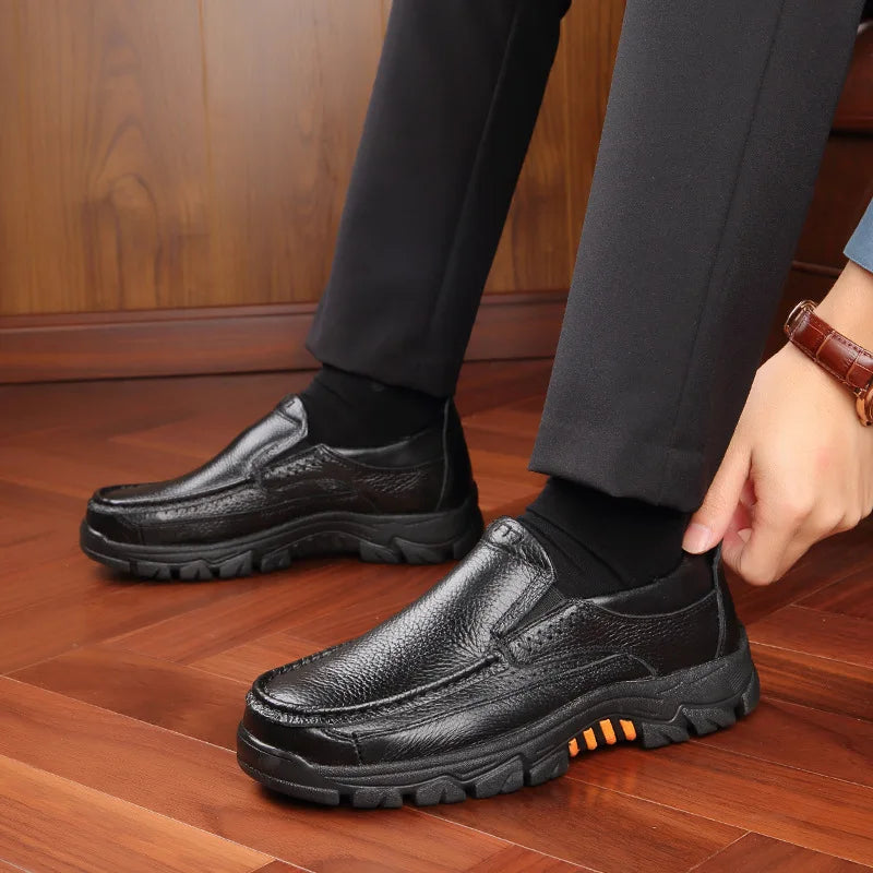 Men’s Genuine Leather Loafers – Soft Cowhide Casual Slip-On Shoes with Thick Sole, Black & Brown