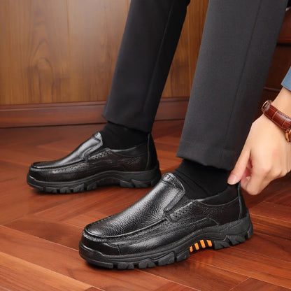 Men’s Genuine Leather Loafers – Soft Cowhide Casual Slip-On Shoes with Thick Sole, Black & Brown