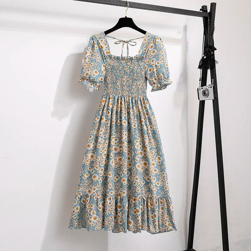 Spring Summer Women’s Chiffon Dress – Elegant Pleated Short Sleeve A-Line Casual Wear