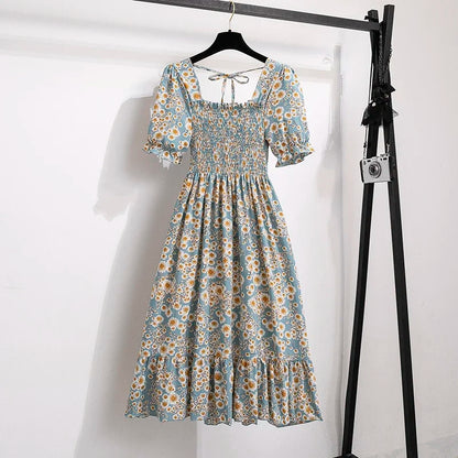 Spring Summer Women’s Chiffon Dress – Elegant Pleated Short Sleeve A-Line Casual Wear