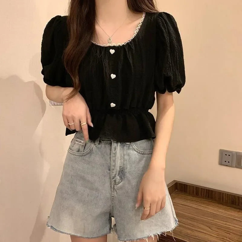 Summer Women’s Puff Sleeve Chiffon Shirt – Cute Ruffle Waist-Tight Casual Crop Top