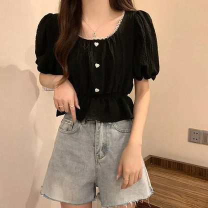 Summer Women’s Puff Sleeve Chiffon Shirt – Cute Ruffle Waist-Tight Casual Crop Top