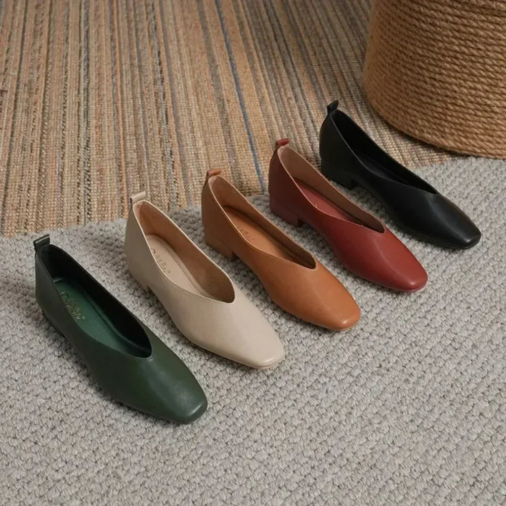 Women’s Genuine Leather Loafers – Low Heel, Round Toe, Casual Style