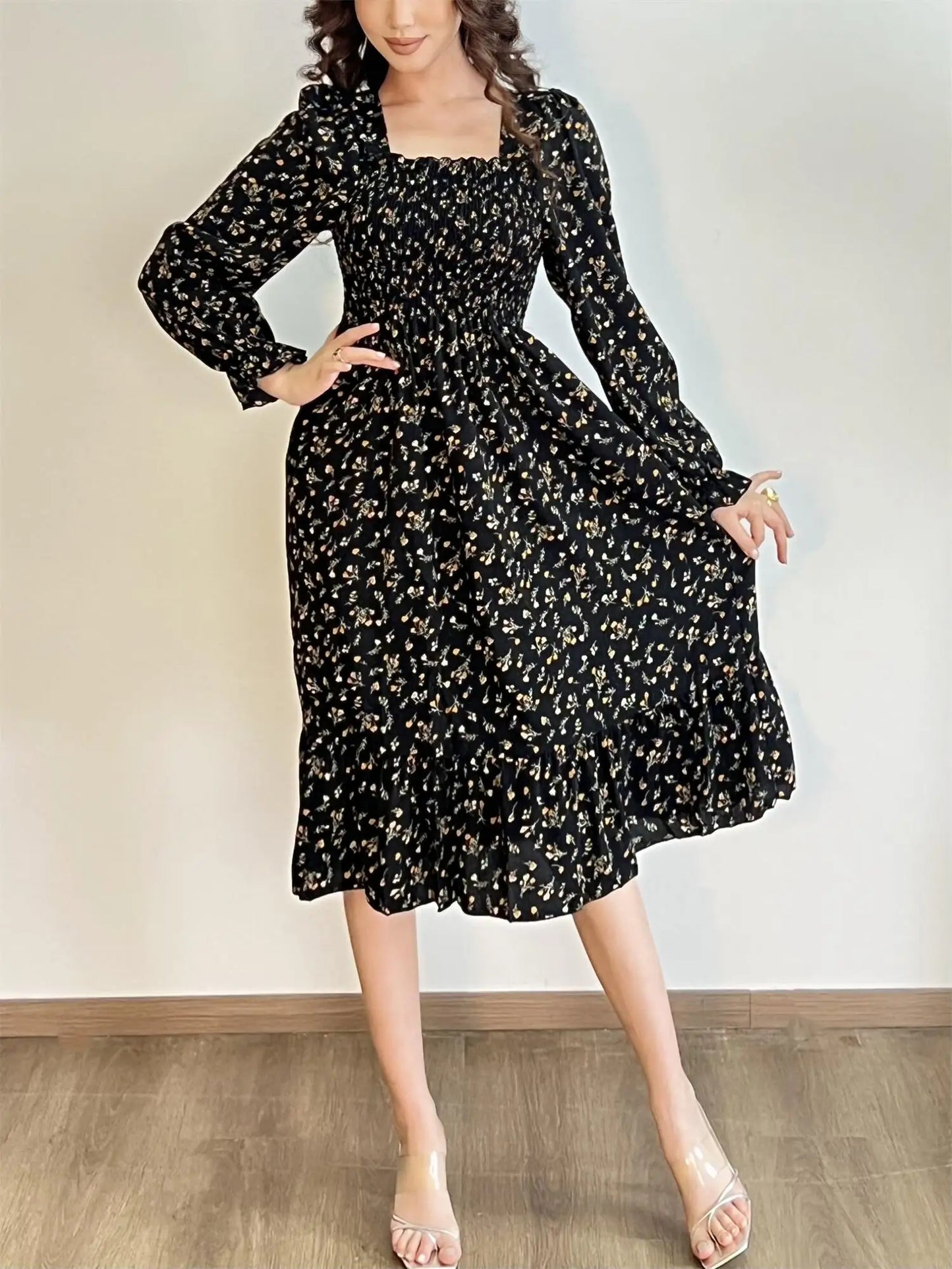 Elegant Floral Chiffon Midi Dress – Effortless Style for Spring & Autumn