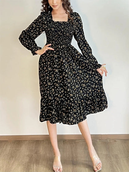 Elegant Floral Chiffon Midi Dress – Effortless Style for Spring & Autumn