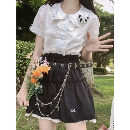 Deeptown Women’s Blouse – Kawaii Lolita Japanese Preppy Style, Cute White Lace Ruffle Shirt with Puff Sleeves