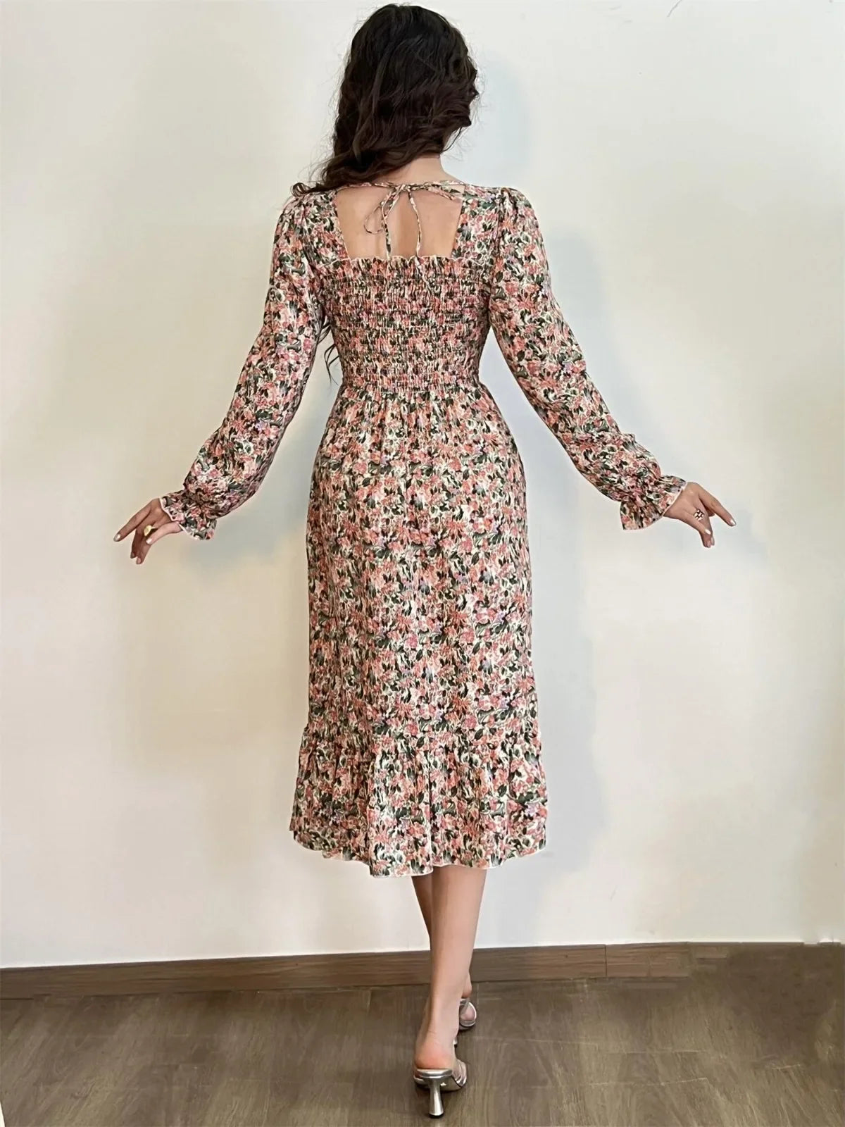 Elegant Floral Chiffon Midi Dress – Effortless Style for Spring & Autumn