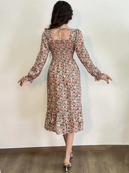 Elegant Floral Chiffon Midi Dress – Effortless Style for Spring & Autumn