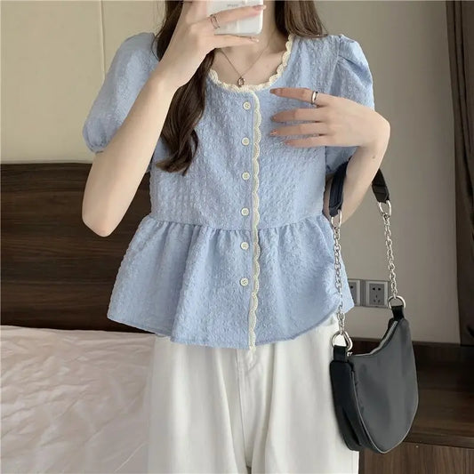 Women’s Chiffon Blouse – Korean Style Lace Splicing with Ruffles & Bubble Sleeves, Loose Summer Fit