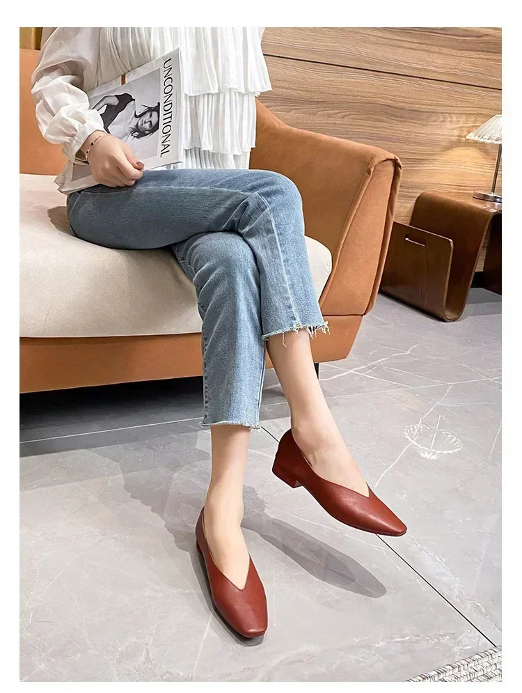 Women’s Genuine Leather Loafers – Low Heel, Round Toe, Casual Style