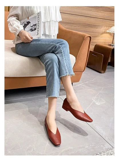 Women’s Genuine Leather Loafers – Low Heel, Round Toe, Casual Style